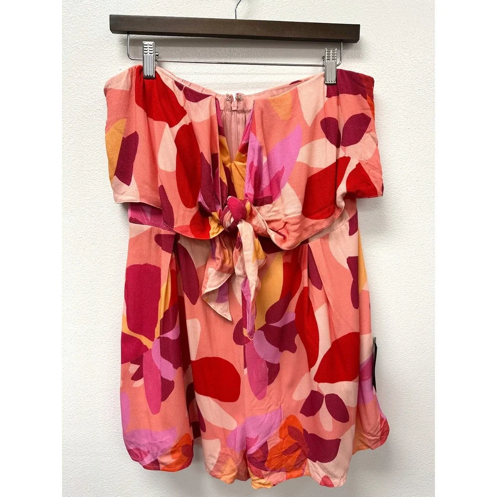 Lulus Iconic Season Pink Multi Print Strapless‎ Tie-Front Romper XL